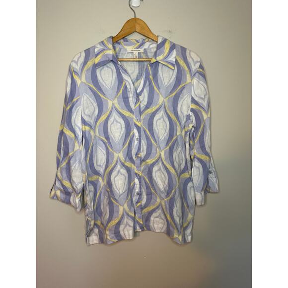 JM Collection Linen Shirt Purple Button Collar Long Roll Sleeve V-Neck Sz 14 - Picture 1 of 8